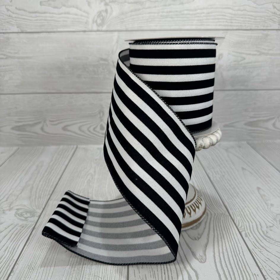 4"X10YD WHITE/BLACK FLOCKED CABANA STRIPES - 71210-04-01
