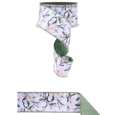 2.5"X10YD MAGNOLIAS/FUSED - WHITE, CREAM, GREEN - D'LUX RIBBON - LX101527