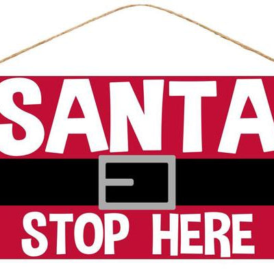 12"L X 6"H TIN SANTA STOP HERE - RED/BLACK/WHITE/GREY - MD0411