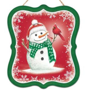7"H X 6"L CARDINAL/SNOWMAN SIGN - RED/GREEN/WHITE - MD1169