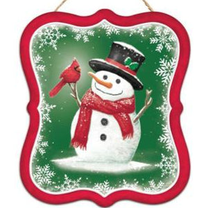 7"H X 6"L CARDINAL/SNOWMAN SIGN - GREEN/RED/WHITE - MD1169
