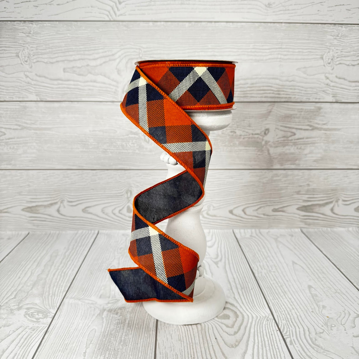 1.5"X10YD PRINTED PLAID ON ROYAL - NAVY BLUE/ORANGE/WHITE - SPT - RG01682H7