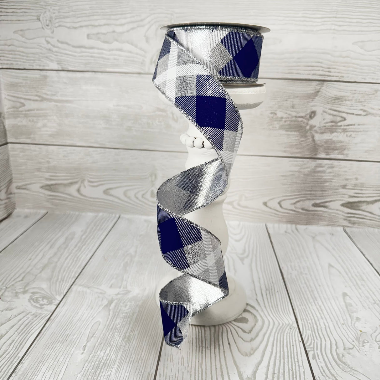 1.5"X10YD PRINTED PLAID ON METALLIC - NAVY BLUE/WHITE/SILVER - SPT - RGA1693TY