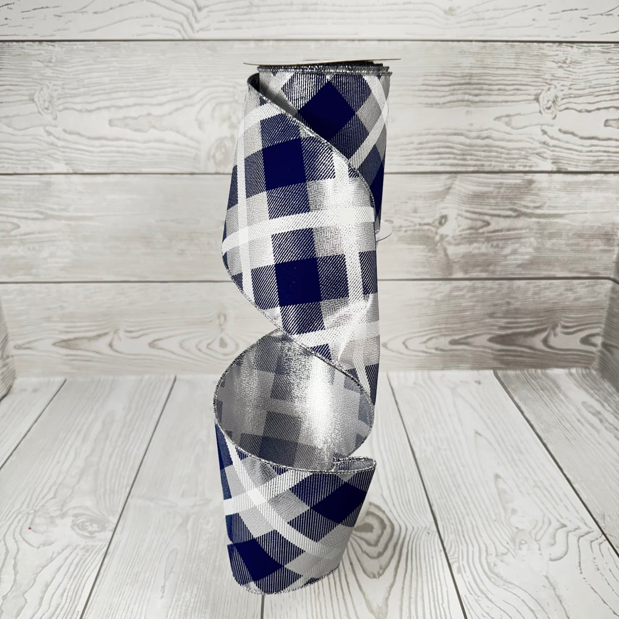 4"X10YD PRINTED PLAID ON METALLIC - NAVY BLUE/SILVER/WHITE - SPT - RGA1695TY