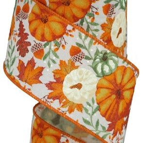 2.5"X10YD PUMPKINS/FOLIAGE/FUZZY RYL - IVORY/MUSTARD/ORANGE/RUST - RGB108430