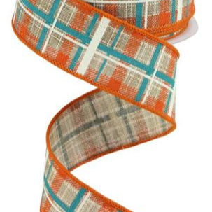 1.5"X10YD PRINTED PLAID/CHECK ROYAL - BEIGE/DARK ORANGE/TURQUOISE/LIGHT NATURAL - RGC154301