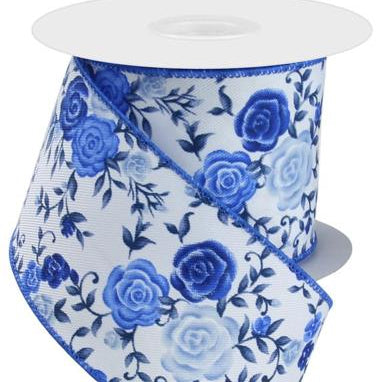 2.5"X10YD MINI ROSES RIBBON - WHITE, MULTI BLUE - RGE1180RW