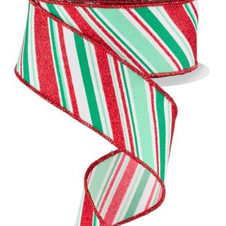 1.5"X10YD DIAGONAL STRIPE - WHITE/MINT/JADE/RED - RGE1824AN