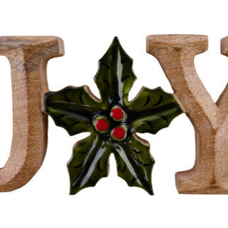 8"L X 3.75"H WOOD JOY W/ HOLLY BERRY - NATURAL/GREEN/RED - XC6353