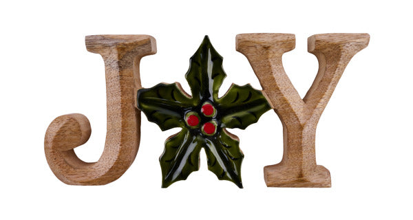 8"L X 3.75"H WOOD JOY W/ HOLLY BERRY - NATURAL/GREEN/RED - XC6353