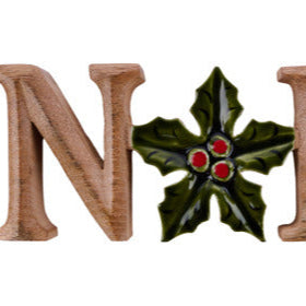 11"L X 3.75"H WOOD NOEL W/ HOLLY BERRY - NATURAL/RED/GREEN - XC6354