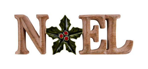 11"L X 3.75"H WOOD NOEL W/ HOLLY BERRY - NATURAL/RED/GREEN - XC6354