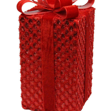 9.75"H X 4.75"SQ SEQUIN/TINSEL GIFT BOX - RED - XC837524