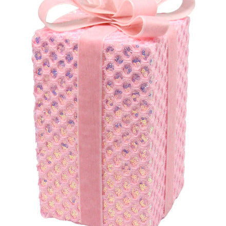 9.75"H X 4.75"SQ SEUIN/TINSEL GIFT BOX - PINK/IRIDESCENT - XC8375ET