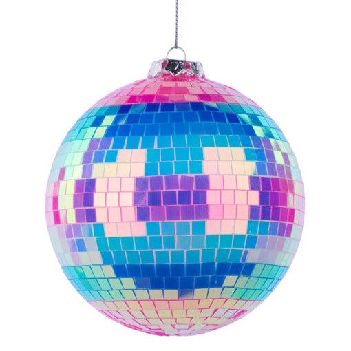 100MM IRIDESCENT STRIPE MIRROR BALL ORNAMENT - BLUE/WHITE/PINK - XJ719477