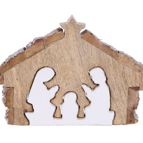 7.25"L X 5.25"H MANGO WOOD NATIVITY SET - NATURAL/WHITE - XN9937