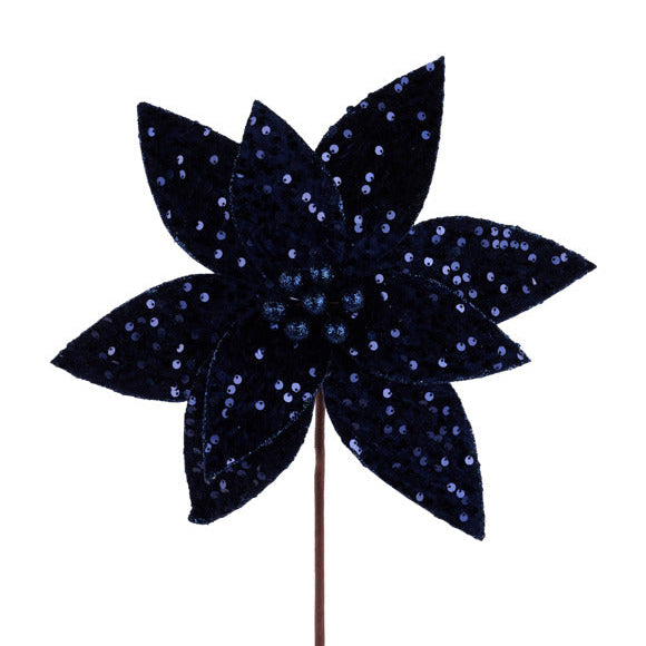 11.75"DIA SEQUIN FABRIC POINSETTIA STEM - NAVY BLUE - XS420819