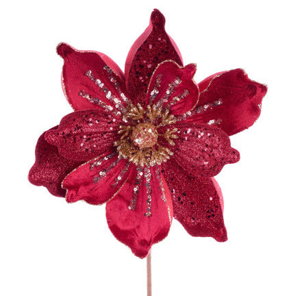 9"DIA VELVET/GLITTER MAGNOLIA STEM - BURGUNDY/GOLD - XS720705