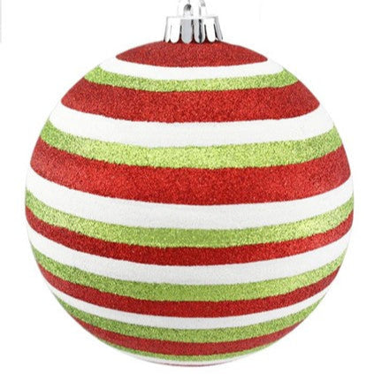 150MM HORIZONTAL STRIPE BALL ORNAMENT - RED/WHITE/LIME GREEN - XY8530XT
