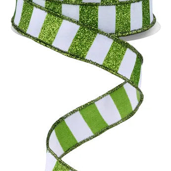 7/8"X10YD HORIZONTAL GLITTER STRIPES - WHITE/LIME GREEN - RGF7966F5
