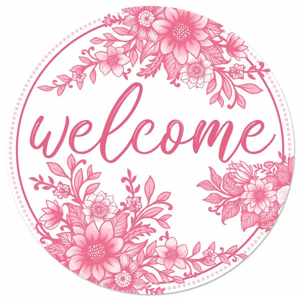12"DIA METAL CHINOISERIE WELCOME SIGN - WHITE/PINK - MD173622