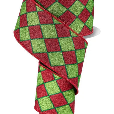 2.5"X10YD GLITTER HARLEQUIN - RED/LIME/EMERALD - RG016192W