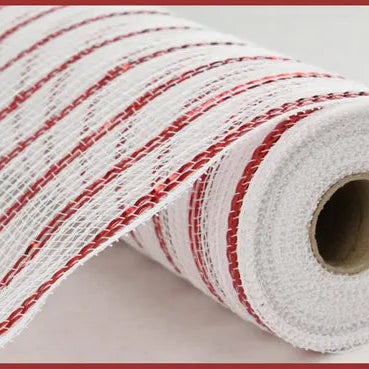 10.25"X10YD POLY/FAUX JUTE/METALLIC MESH - WHITE/RED - RY8018A2