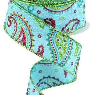 1.5"X10YD PAISLEY ON ROYAL - LIGHT BLUE/LIME/HOT PINK/TURQUOISE - RGC137514