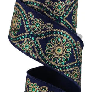 2.5"X10YD DELUXE WAVY FLORAL - NAVY/GOLD/EMERALD - RGE196273