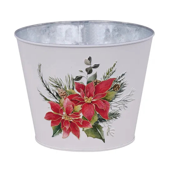 6.75"DIA X 5.5"H POINSETTIA POT COVER - RED/GREEN/MATTE IVORY - XC0225