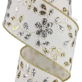 2.5"X10YD GLITTER LEAVES W/FLOWER - IVORY/GOLD/SILVER - RGE18991R