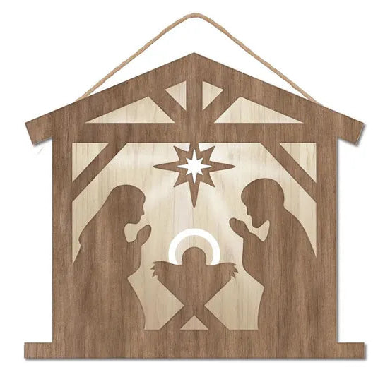 10.5"L X 9.5"H NATIVITY SCENE SIGN - BROWN/NATURAL/WHITE - AP7330