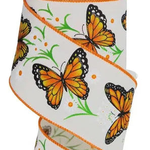 2.5"X10YD MONARCH BUTTERFLY WITH DAISES - IVORY/DARK ORANGE/YELLOW/GREEN/WHITE - RGE150533