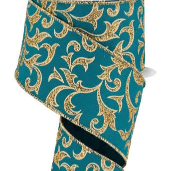 2.5"X10YD ACANTHUS LEAF - DARK TEAL/GOLD - RGE184334