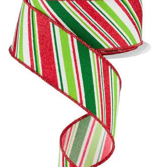 1.5"X10YD DIAGONAL STRIPE - WHITE/EMERALD/LIME/RED - RGE1824HF