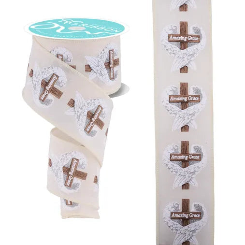 2.5"X10YD AMAZING GRACE CROSS W/WINGS - CREAM/BROWN/GREY - RGF1673C2