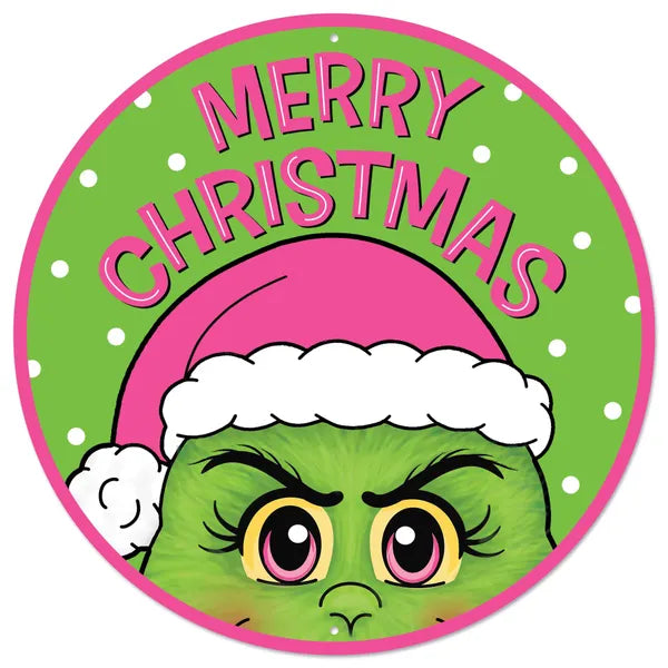 12"DIA MERRY CHRISTMAS/FURRY ELF SIGN - LIME/PINK/WHITE/BLACK - MD169222