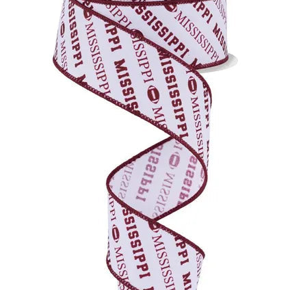 1.5"X10YD MISSISSIPPI DIAGONAL PATTERN - WHITE/MAROON - RGF1121