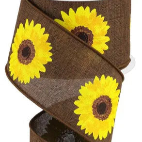 2.5"X10YD BOLD SUNFLOWER ON ROYAL - DARK BROWN/YELLOW/ORANGE/BROWN - RG01813KH