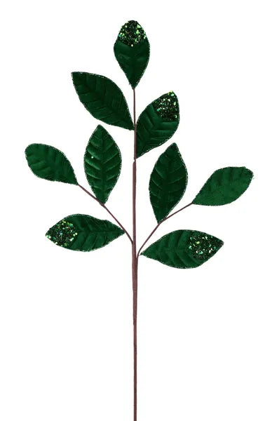 27"L VELVET/GLITTER MAGNOLIA LEAF SPRAY X9 - EMERALD GREEN - XS255206