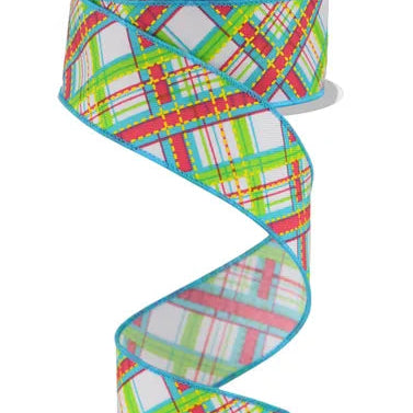 1.5"X10YD DIAGONAL DASH PLAID - WHITE/LIME/TURQUOSIE/PINK/YELLOW - RGE1849RH