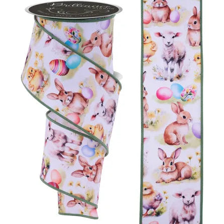 2.5"X10YD EASTER ANIMALS - WHITE/MULTI BROWN/GREEN - LS116601