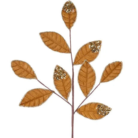 27"L VELVET/GLITTER MAGNOLIA LEAF SPRAY X9 - GOLD - XS255208
