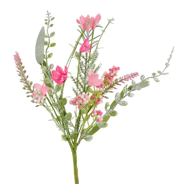 12"L FABRIC FLOWER/EVA LEAF/BEADS BUSH - PINK/CREAM/GREEN - FH812559