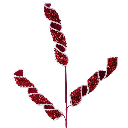 31"L SEQUIN VELVET CURLED RIBBON SPRAY - RED/WHITE - XS143739