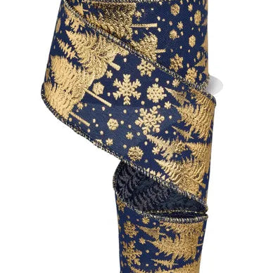 2.5"X10YD PINE TREES/SNOWFLAKES - NAVY BLUE/GOLD - RGF124019