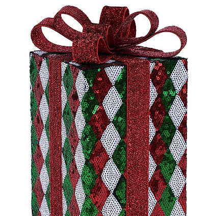 10"OAH X 4.75"W HARLEQUIN GIFT W/BOW - RED/EMERALD/WHITE - XS1623AR