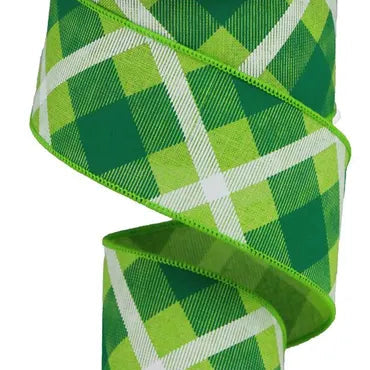 2.5"X10YD PRINTED PLAID ON ROYAL - LIME/GREEN/WHITE - RG01683JM