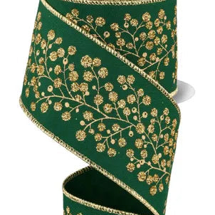 2.5"X10YD SNOW BERRY ON DIAGONAL WEAVE - HUNTER GREEN/GOLD - RGF126412