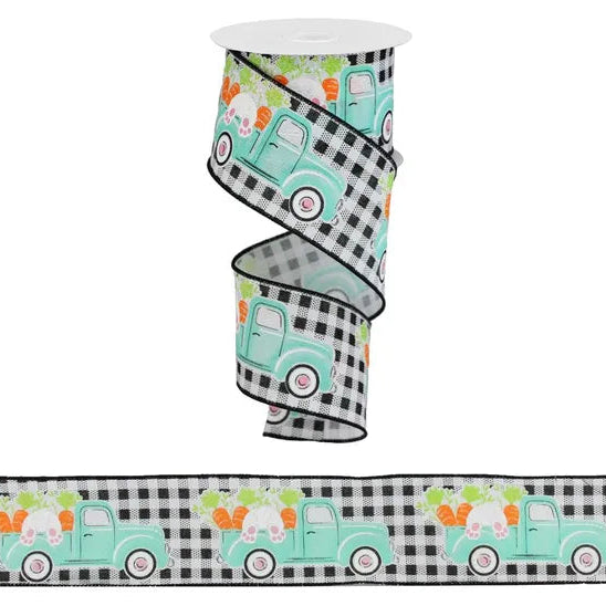 2.5"X10YD TRUCK WITH BUNNY/CARROTS ON CHECK - WHITE/BLACK/PINK/ORANGE/GREEN - RGA1603X6
